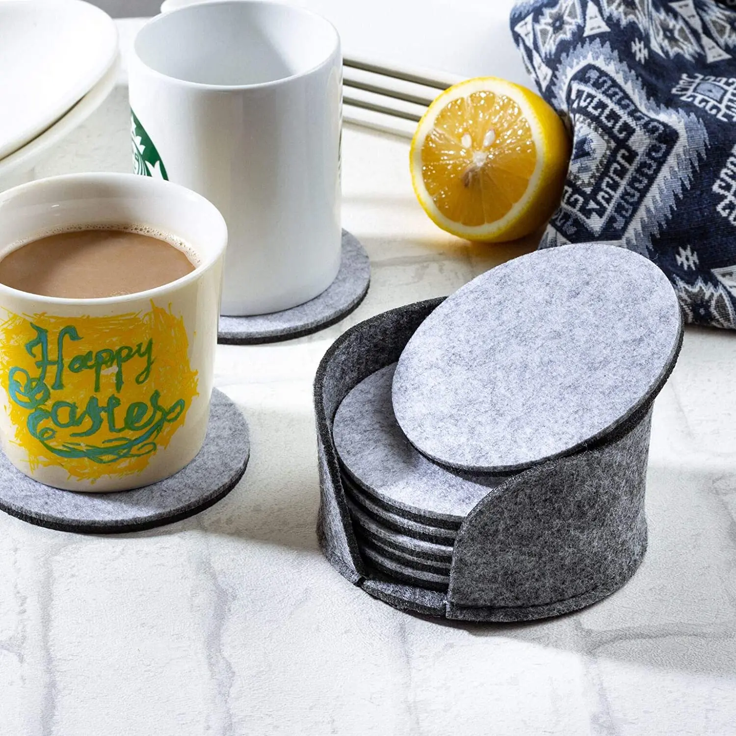 

10cm Round shape drink tea cup mat coaster felt coaster with holder, Grey