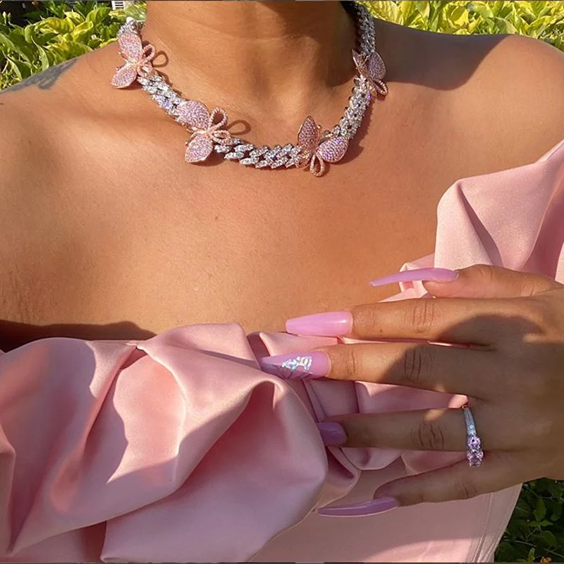 

Trendy Charm Hip Hop Jewelry For Men Women Luxury Iced Out Rhinestone Bling Diamond Cuban Link Chain Butterfly Choker Necklace, Gold,silver pink color