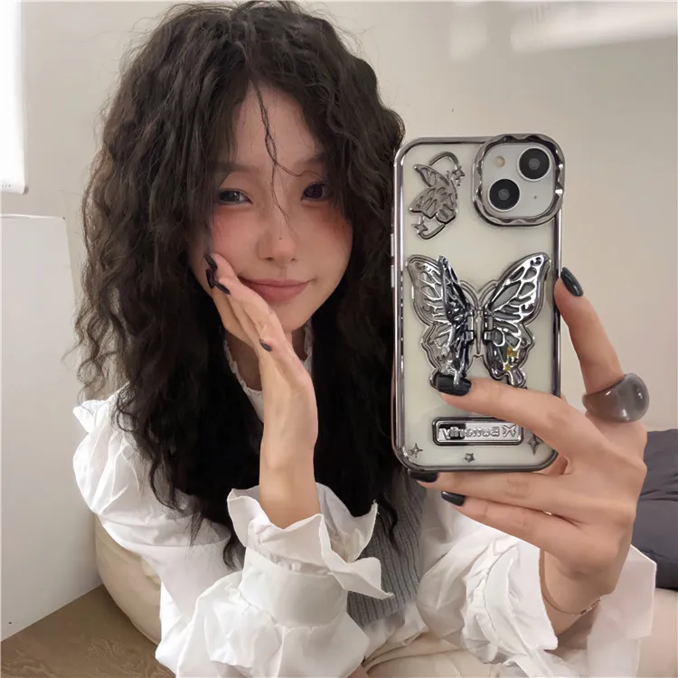 

electroplate solid butterfly holder girl case for iphone 14 13 12 15 pro max retro phone cases luxury design tpu protect cover