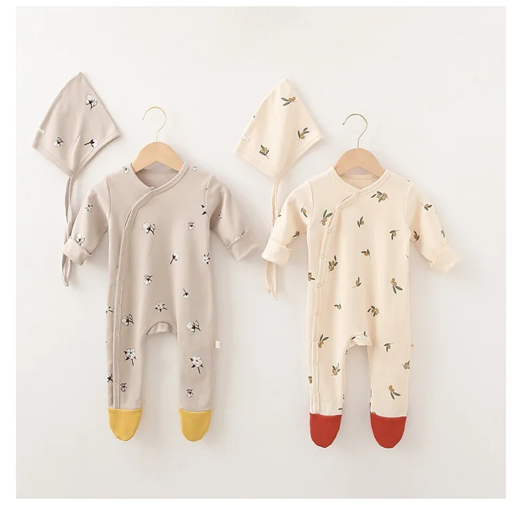 

Ins newborn unisex girls boys baby footed romper prints cotton buttons jumpsuit with hats, 6 colors