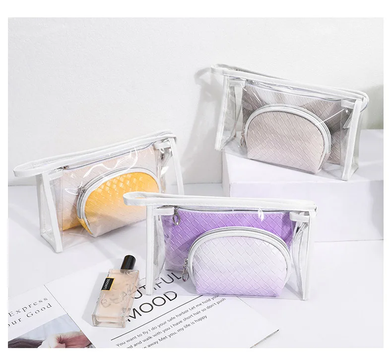 

In Stock 3 Pieces Clear PVC Makeup Bags Set Waterproof Travel Leather Cosmetic Pouch Zipper Laundry Bag Women Clear Make Up Bag, Multi printings