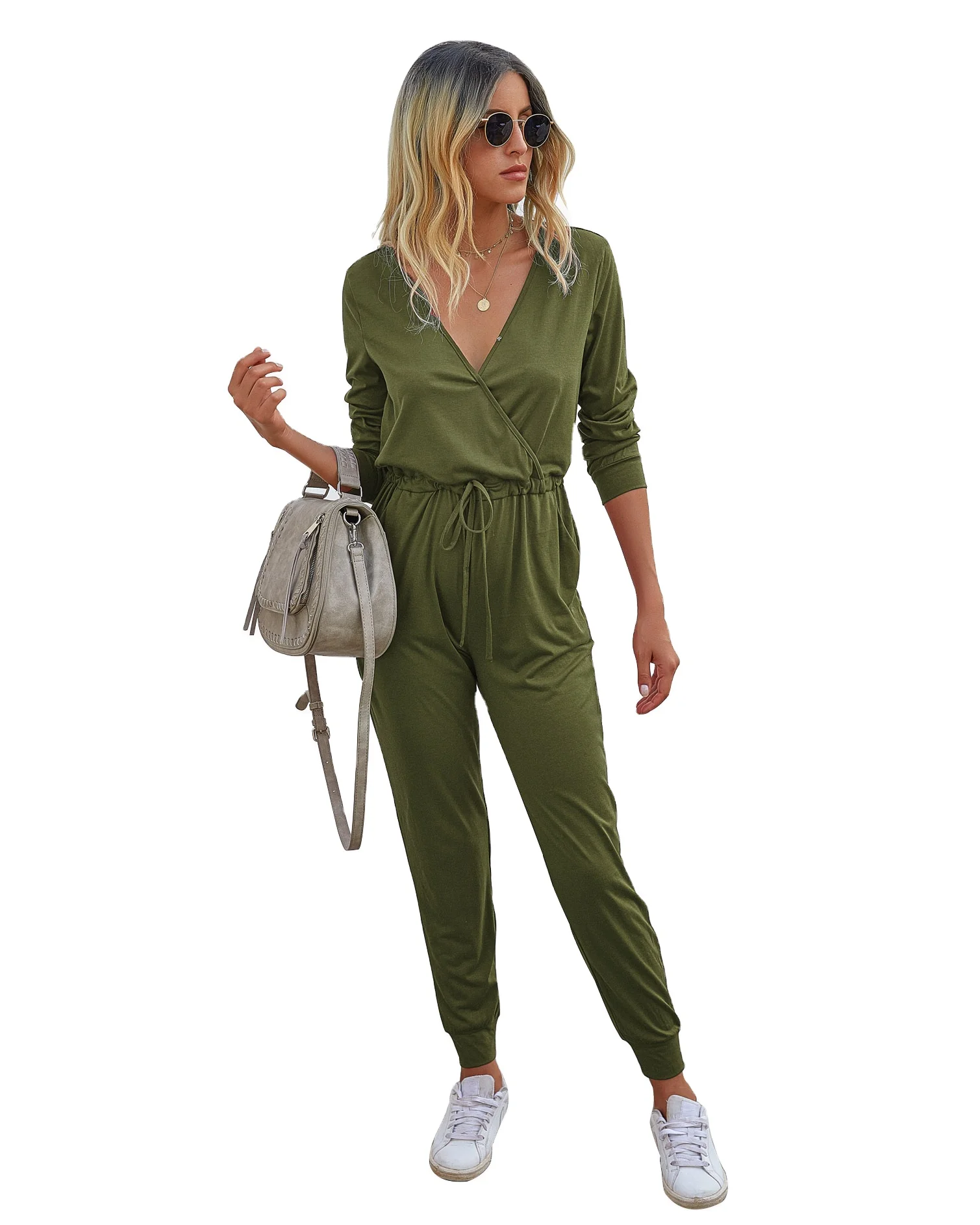 

Fashion Women's Solid One-piece Jumpsuit Long Sleeve Deep V-neck Bodysuit with Elastic Inner Waist Drawstring