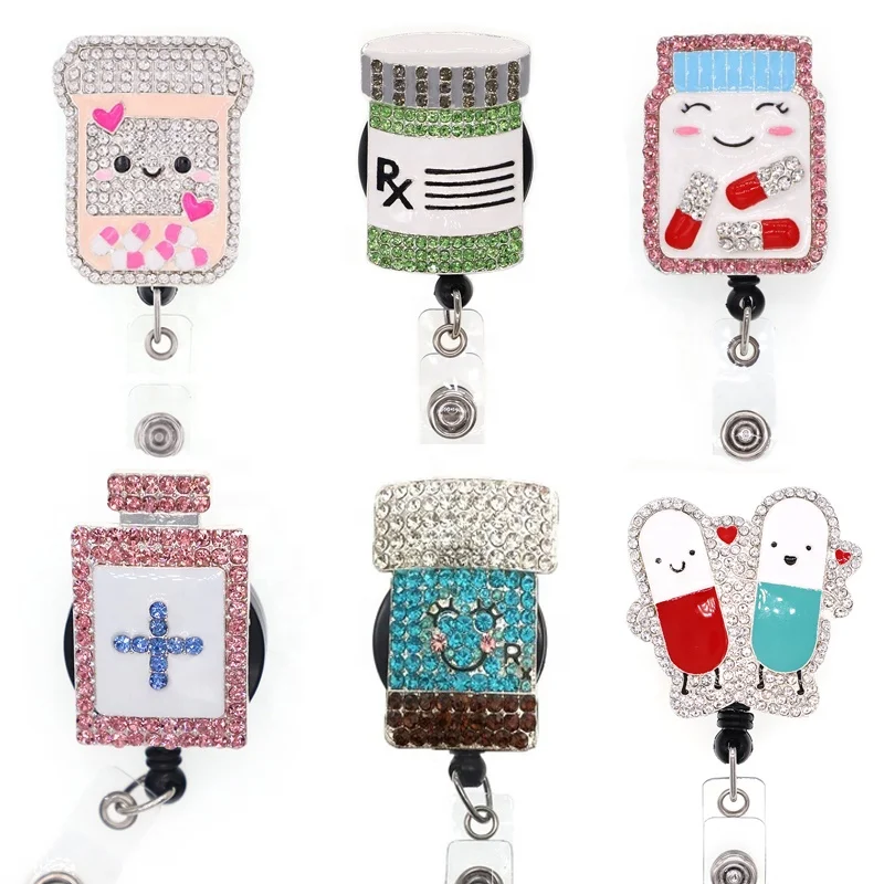 

Cute Rhinestone Medicine Bottle Pill Retractable Nurse Accessories Badge Holder For Medical Pharmacy, All kinds of color