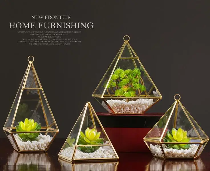 Wholesale Gold Geometric Glass Terrarium En Verre Vase Plant Container