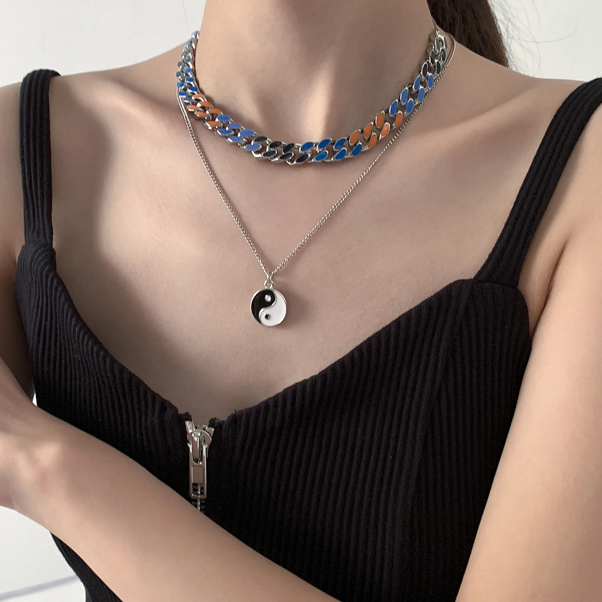 

SHIXIN New Trendy Colorful Dropping Oil Cuban Necklace Yin Yang Tai Chi Pendant Necklaces Creative Choker Necklace for Men Women