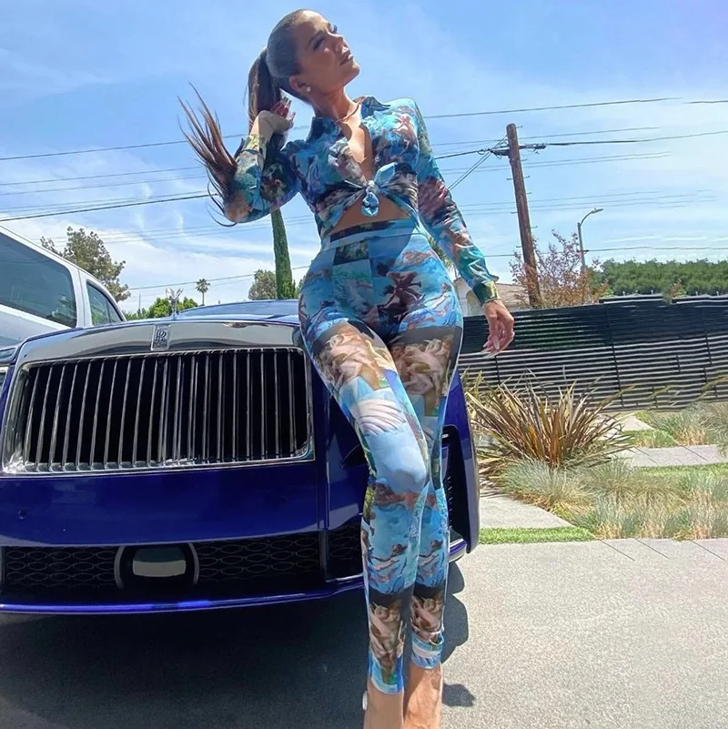 

M2351 - pants and top fashion casual printed vintage long sleeve women two piece outfits