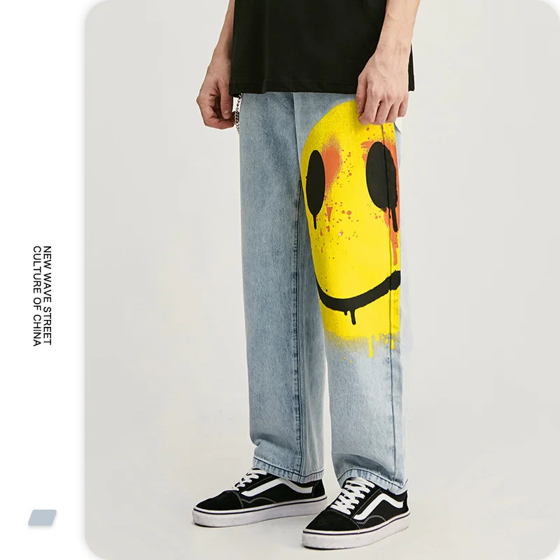 

Fashion street wear boys loose pants OEM high quality smile mens jeans, As shown