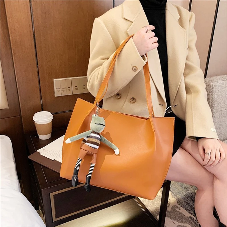 

XP1359 2021 new large-capacity ladies pure color tote bag trendy fashion simple big female temperament retro shoulder bag