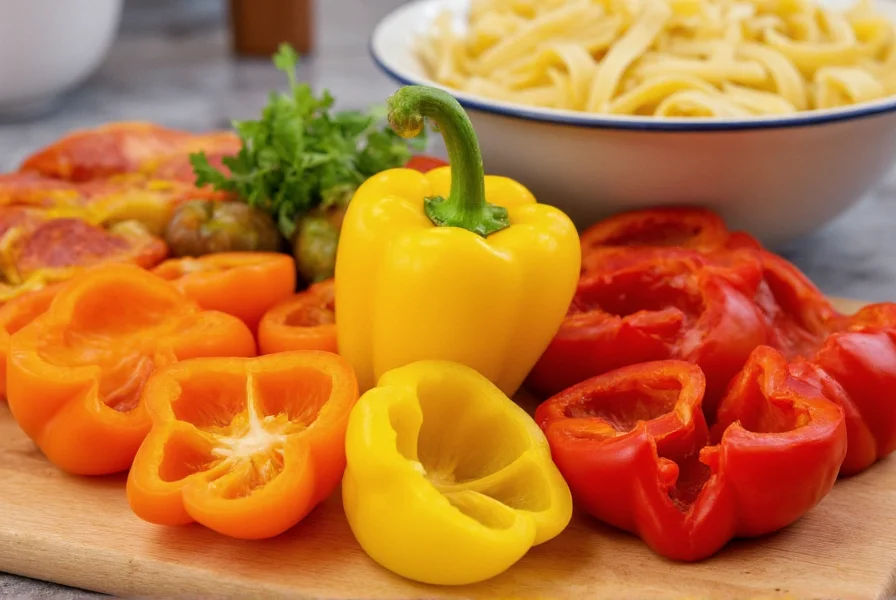 Fresh bell peppers of various colors sliced and arranged on wooden cutting board with pasta bowl