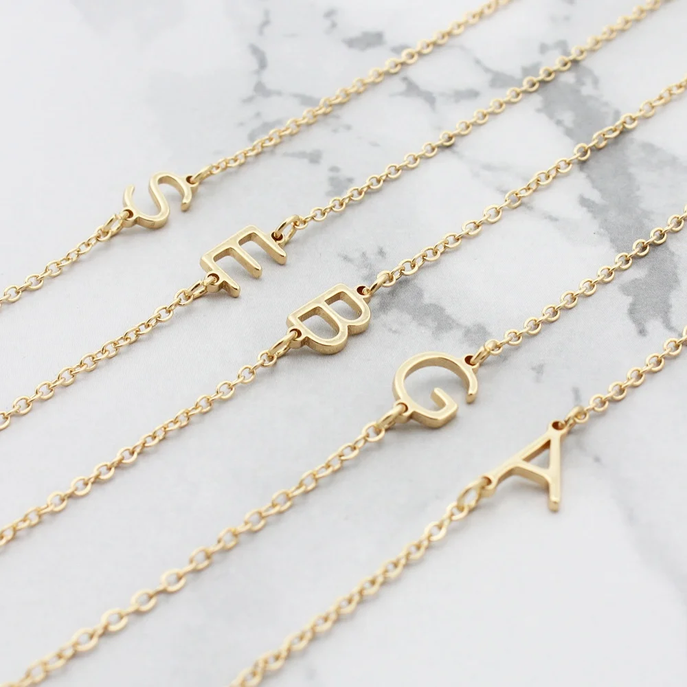 

Custom gold plated chain sideways charm a-z stainless steel alphabet initial letter necklace, Gold/sliver