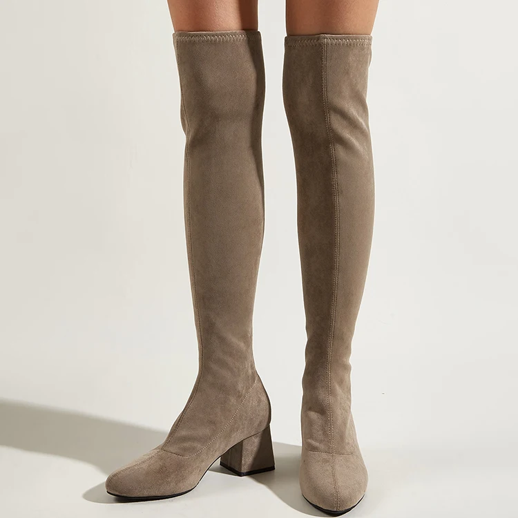 

Trending Winter 2021 Winter Fashion Chunky Heels Women Shoes Slip On Over Knee Thigh Boots, Black,gray