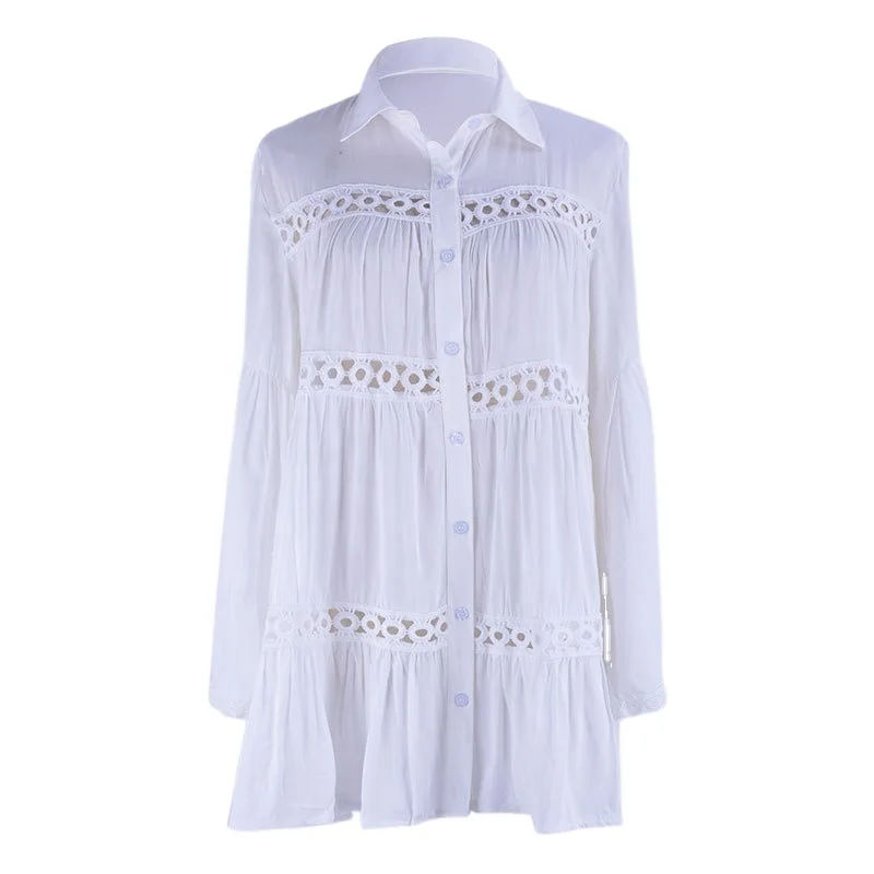 

2021 women's summer new sexy perspective lace sunscreen bikini Beach Wear blouse Cover Up hollow knit loose sunscreen clothing, White