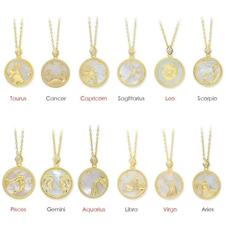 

New arrival astrology jewelry women copper white shell horoscope sign gold plated zodiac pendant necklace, Gold, steel