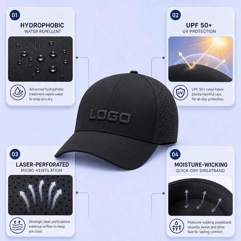 Technical Performance Cap Infographic Highlighting Hydrophobic, UPF 50+, Laser Ventilation, and Quick-Dry Sweatband