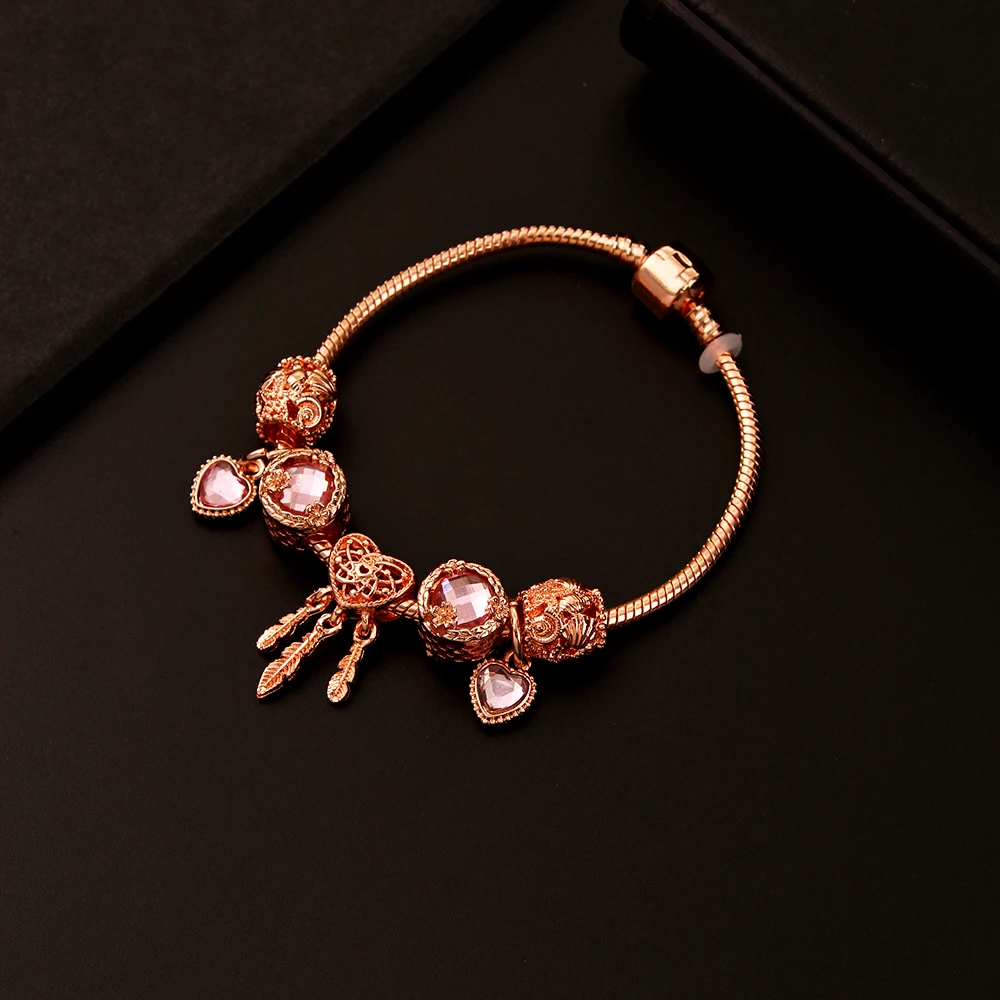 

2020 Fashion Pink Crystal Heart Pendant Bangle Dreamcatcher Charm Bracelets For Gilrs Women, Picture shows