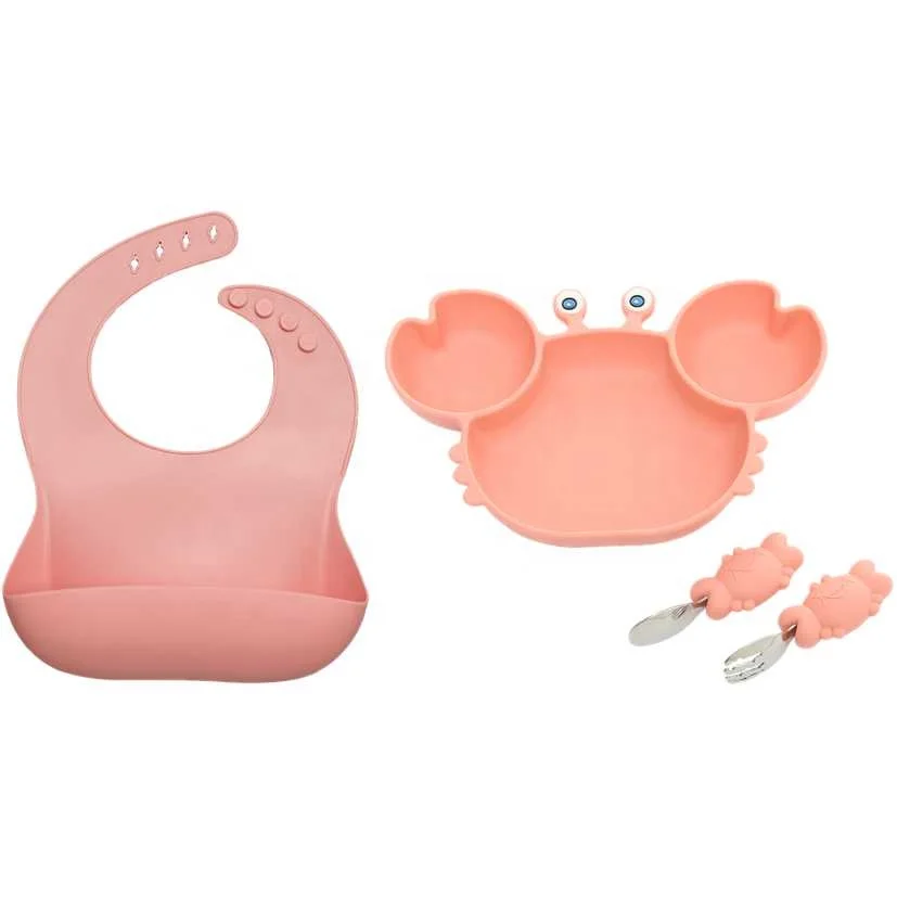

DDP Crab Shape Plate Infant Silicone Bebe Divided Plato BPA Free Microwave Dishwasher Safe Feeding Set With Spoon And Bib Kit