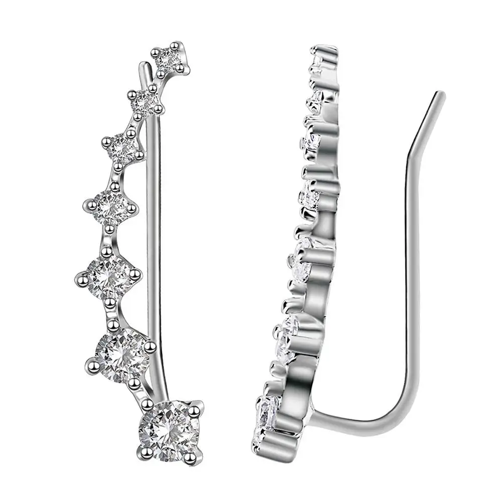 

High Quality Sterling Silver Plated 7 Crystals Zirconia Ear Cuff Hoop Climber Hypoallergenic Earrings for Women, Silver color