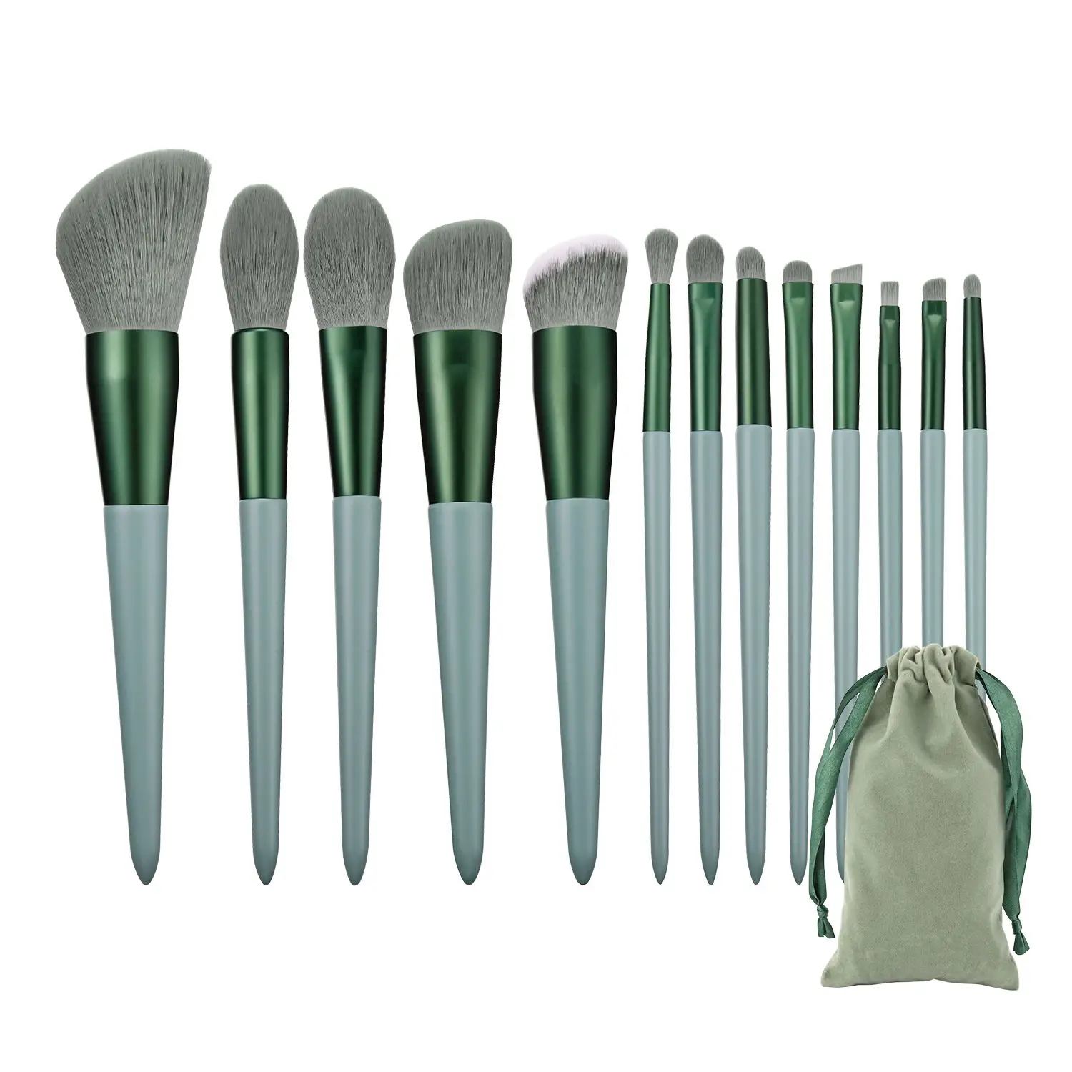 

Custom Logo Professional 13 piece Light green Vegan wooden handle Makeup Brush Soft synthetic hair Makeup Brush Set Wholesale