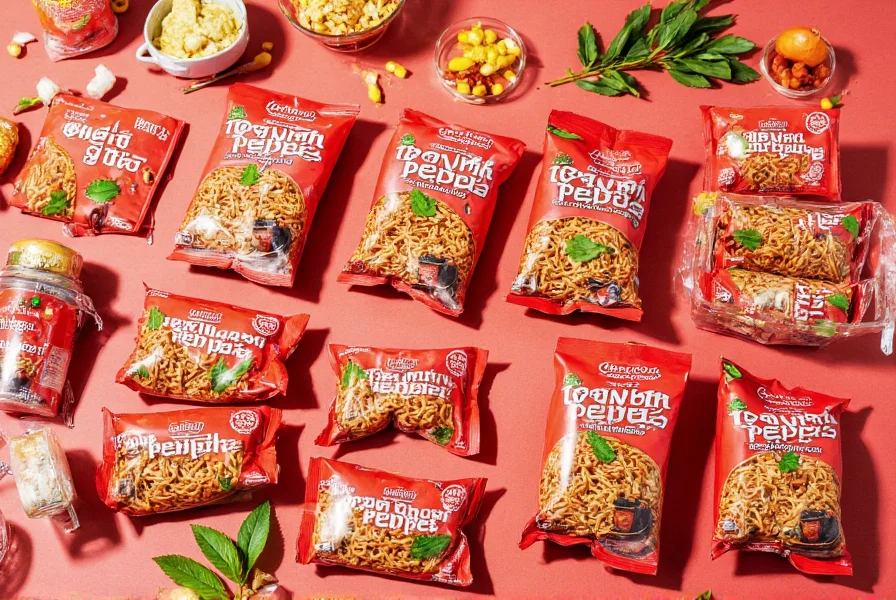 Various ghost pepper noodle brands arranged with cooling ingredients