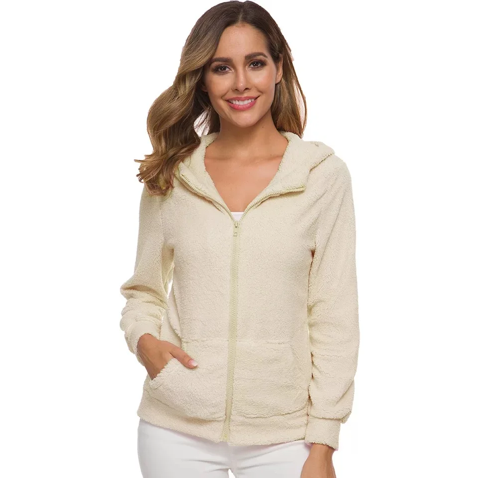 

2020 Autumn And Winter New Zipper Hooded Pocket Plush Jacket Long-sleeved Warm Fashion Coat Solid color Casual Women's Jacket