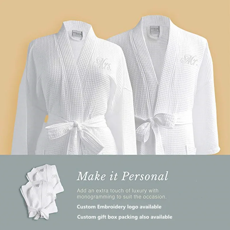 Hotel Waffle Bathrobes with Customized Embroidery logo - 100% Egyptian Cotton Hotel Spa Waffle Bathrobe Set