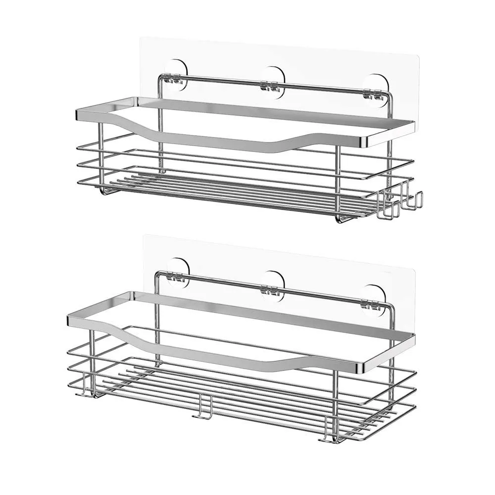 

ORR264 Adhesive Shower Caddy Basket Shelf with 5 Hooks Wall Mounted Stainless Steel No Drilling for Bathroom Kitchen, Silver