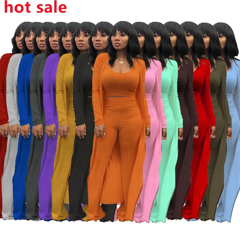 

2021 hot sale casual ladies long sleeve suit high elastic pure color simple fashion design strip three piece set for women, Customized color