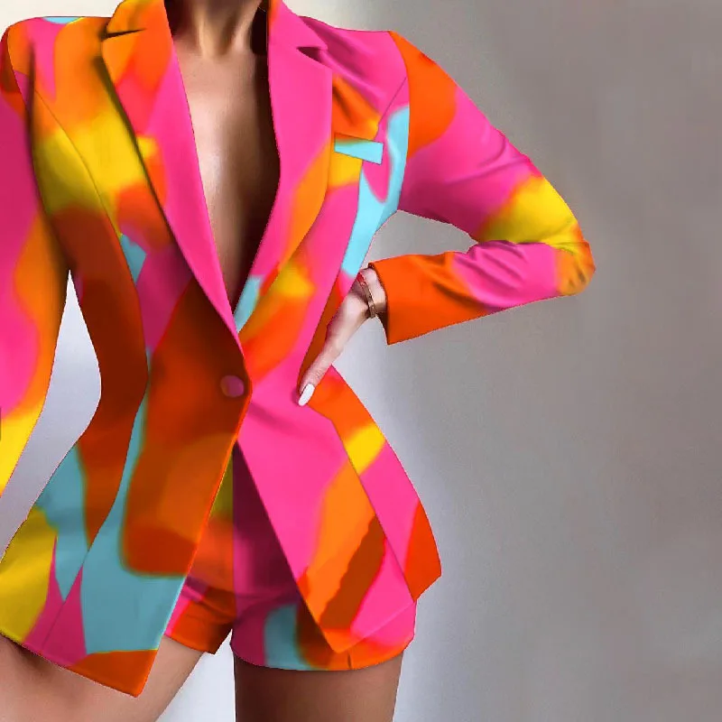 

JM042 women 2 piece business suits shorts set custom logo clothing tie dye fashion women blazer