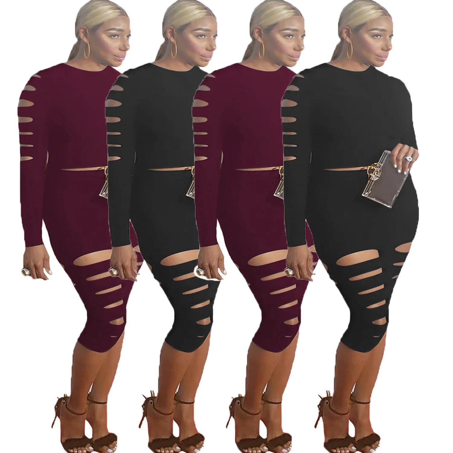 

Recommended European and American urban casual fashion women's wear holes two - color two - piece set