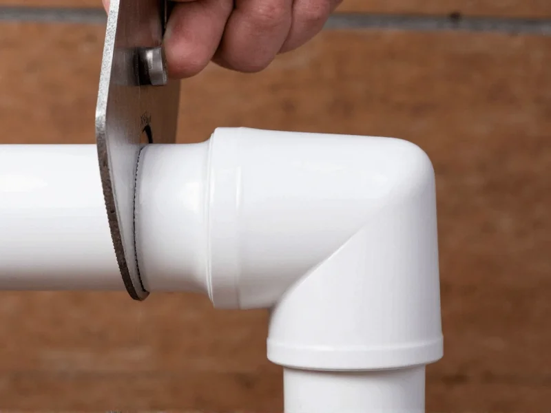 Hand cutting PVC pipe with hacksaw