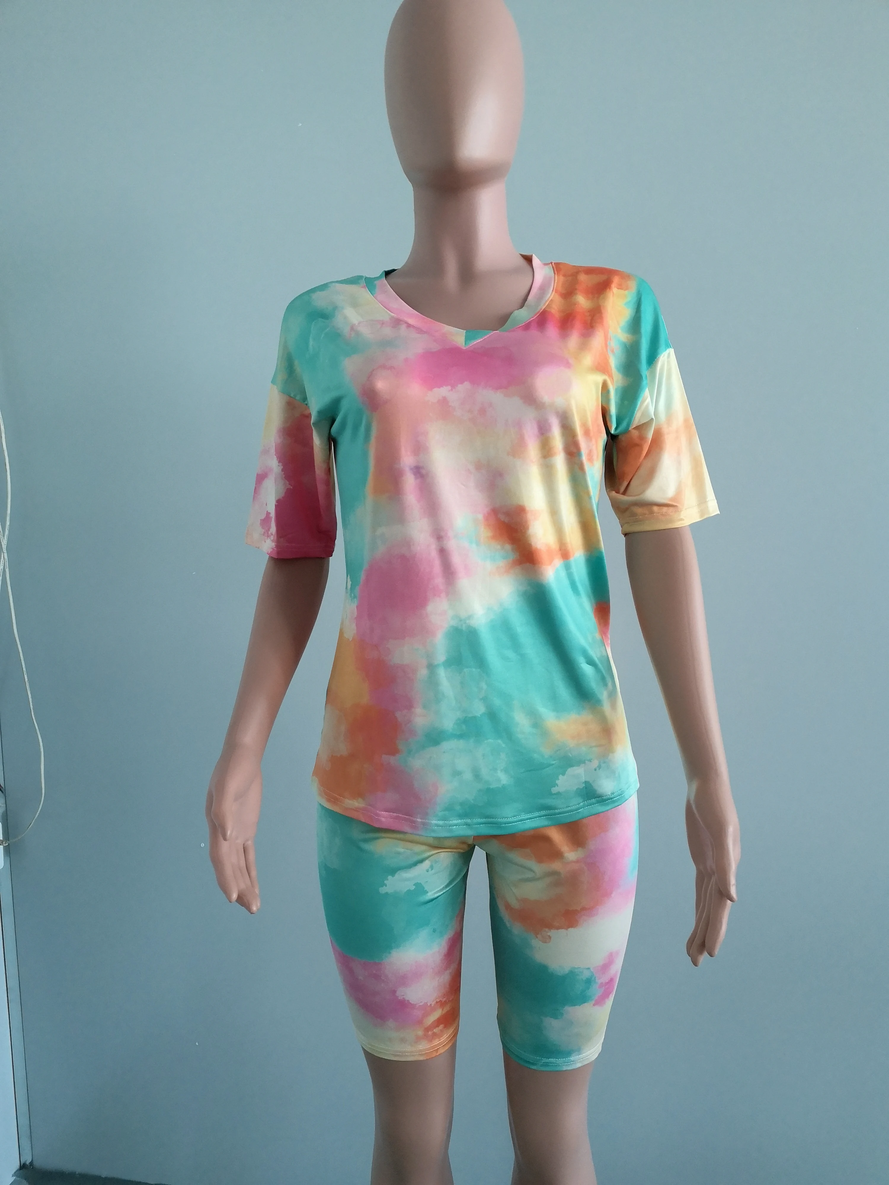 Wholesale 8555 Women Clothing  Tie-dye Short Sleeves Casual 2 Piece Women Outfit Two Pieces  Set