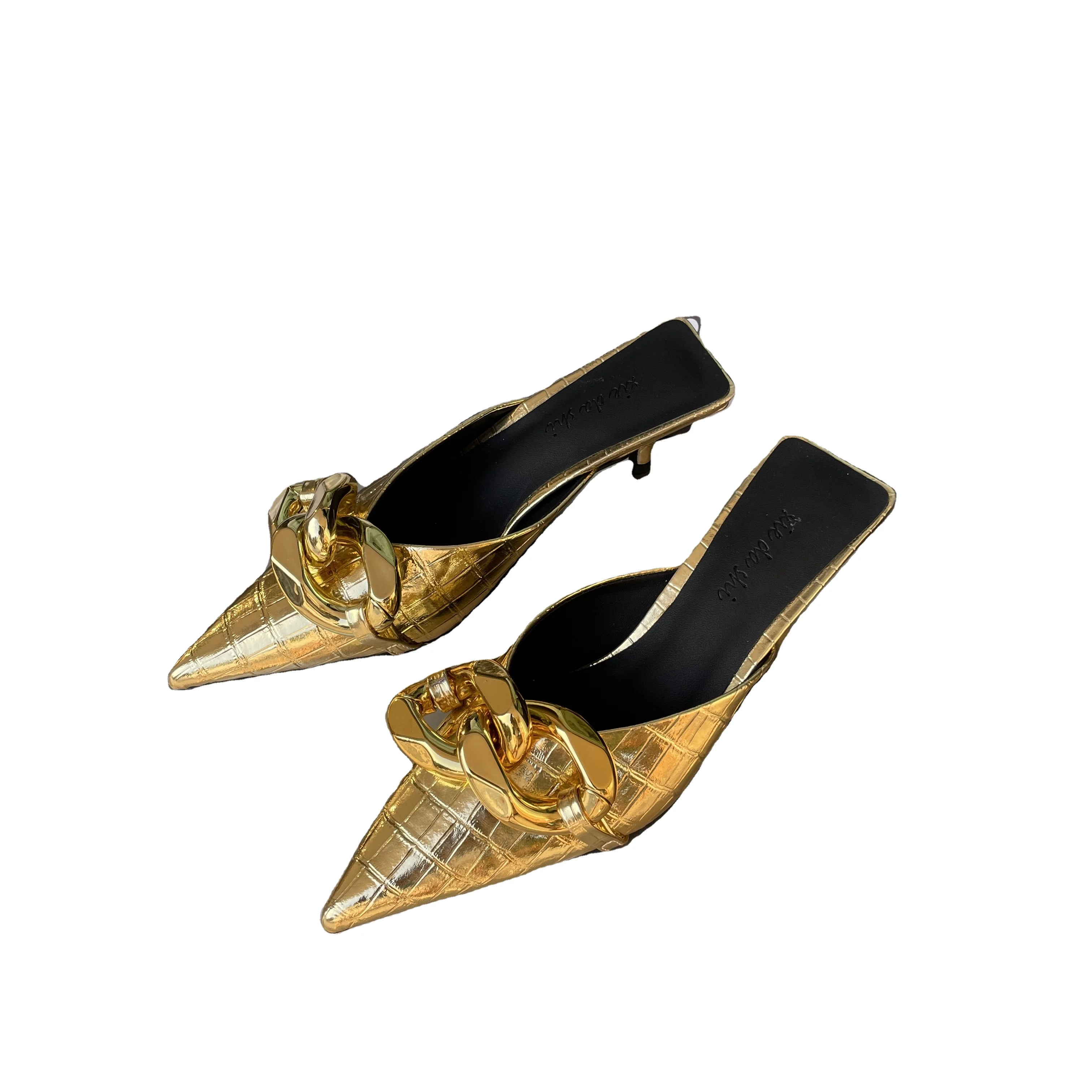 

Gold Sandals For Woman Pointed Toe Leather Chain Shallow Slip On Ladies Shoes