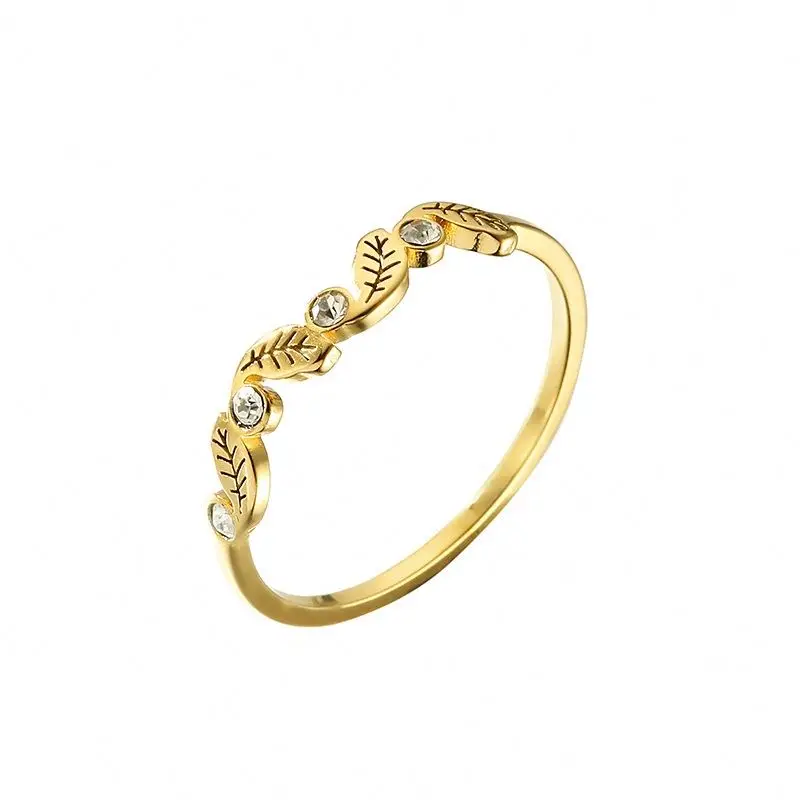 

High Quality 14K Gold Plated Leaf Ring With Zircon Manufacturer Price Stainless Steel Jewelry