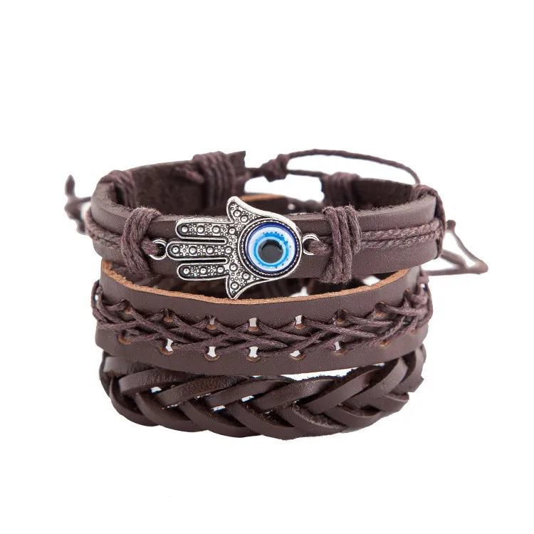 

Fashion Skull Jewelry Adjustable Sliding Knot Closure Leather Rope Woven Bracelet Set