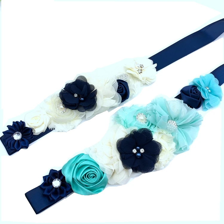 

Handmade 3D Navy Flower Baby Shower Belly Sash Flower Girl Wedding Party Dress Accessory Pregnancy Maternity Sash Belt, 2colors