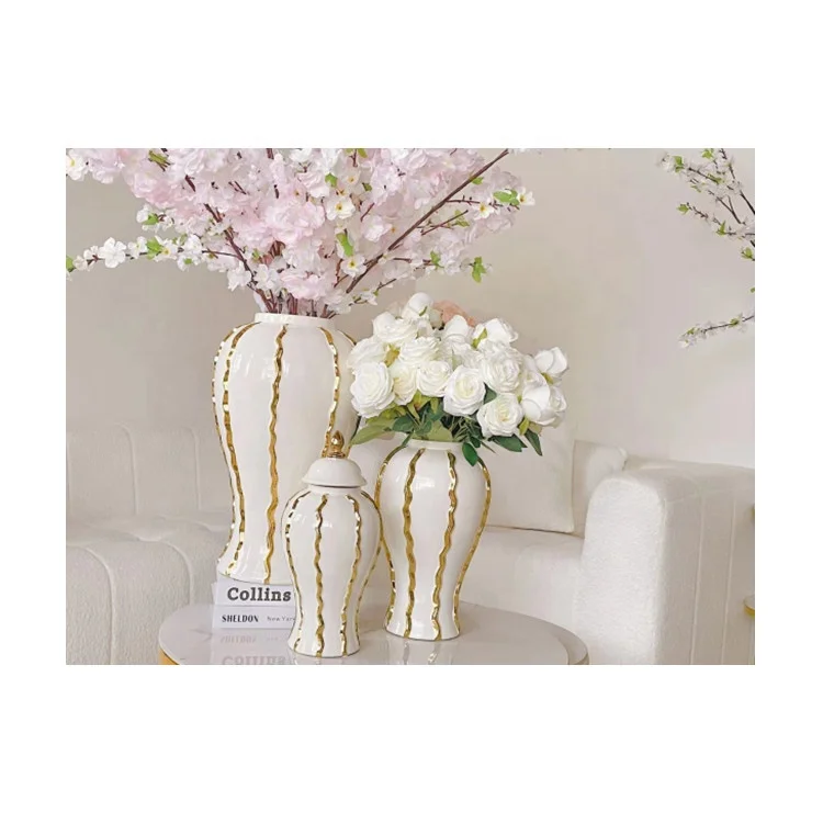 

wholesale white ginger Jar with gold details white ceramic vase decorative jars for home decoration ceramic vase set