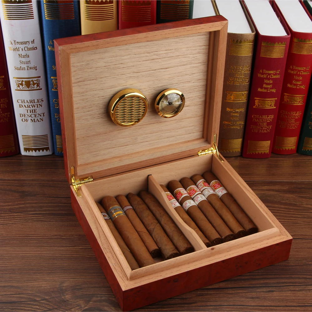 

Cedar Wood Travel Humidor Cigar Box Portable Cigar Case W/ Hygrometer Humidifier Cigar Humidor Box, As photo