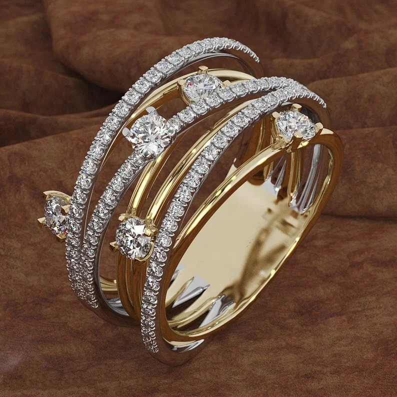 

New Luxury Gold Color Multilayer Hollow Rings For Women Wedding Luxury Exaggerated Big Twisted Jewelry