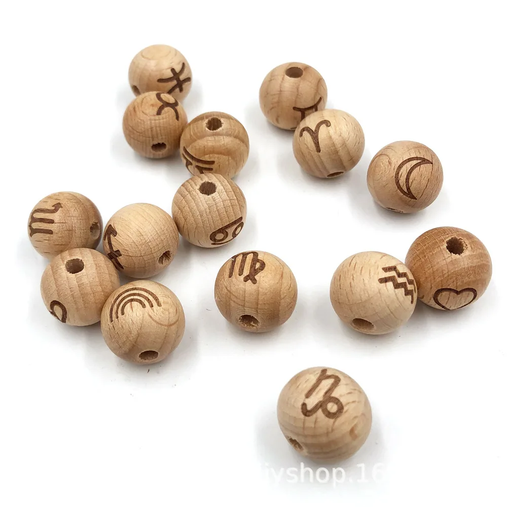 

Wholesale 15Pcs/Bag Baby Teething Organic Beech Wood Ball Shape Laser Engraving Marking 12 Zodiac Beads