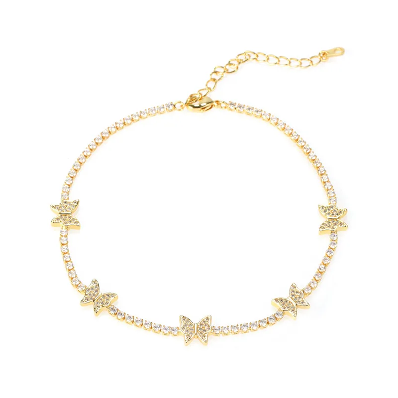 

custom 18K gold plated butterfly diamond tennis chain anklet