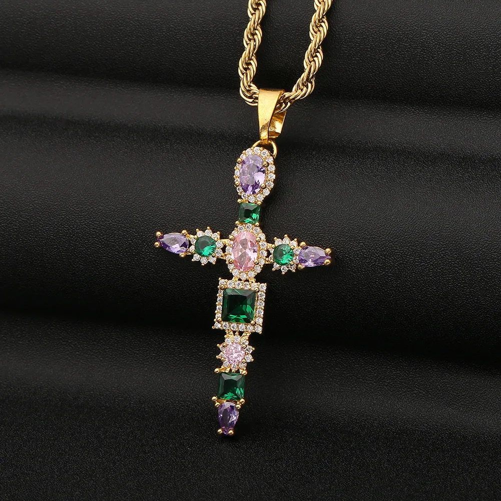 

Luxury Statement Real Gold Plated Multicolor CZ Zirconia Cross Pendant Necklace Hip Hops Crystal Cross Necklace