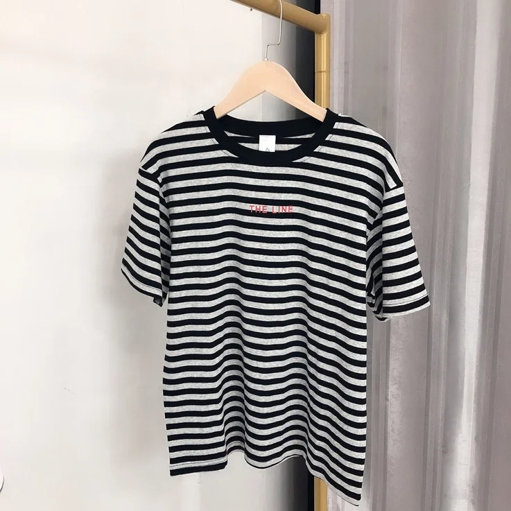 

Wholesale Knitted Casual 100% COTTON Striped Designer Oversize Unisex Women Men's Crew Neck Striped t shirt