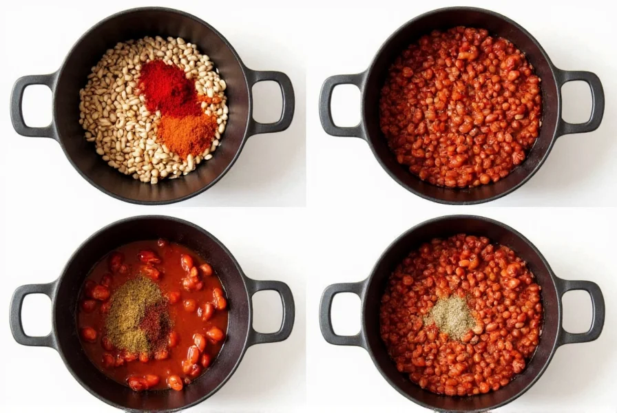 Step-by-step preparation of Cookie and Kate vegetarian chili showing beans, tomatoes, and spices in a cast iron pot