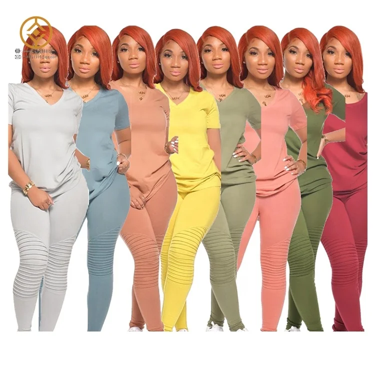 

V-neck short sleeve trousers trendy v neck t shirt with stacked pants 2 piece women sets women fall clothing, Picture