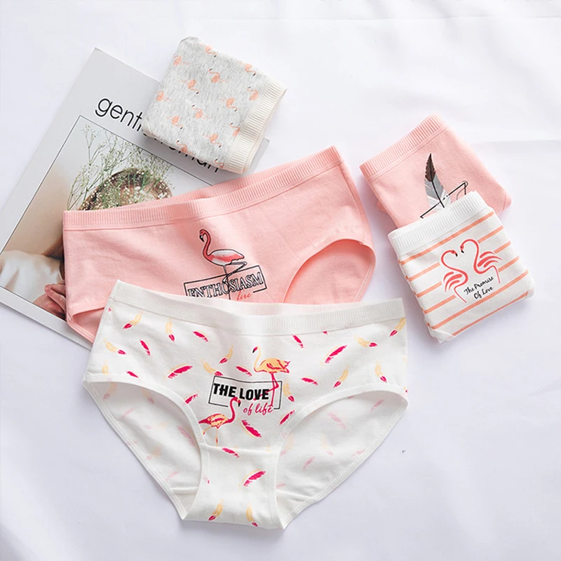 

JULY'S SONG Cute Flamingo Printed Women Panties Cotton Middle Waist Girls Underwear Comfortable Lovely Ladies Briefs