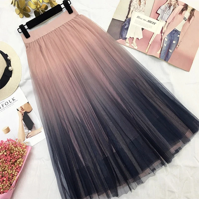 

Long Tulle Skirt Women 2020 Autumn Gradient Korean Elegant High Waist A Line Long School Midi Skirt Female WF0185, White pink grey