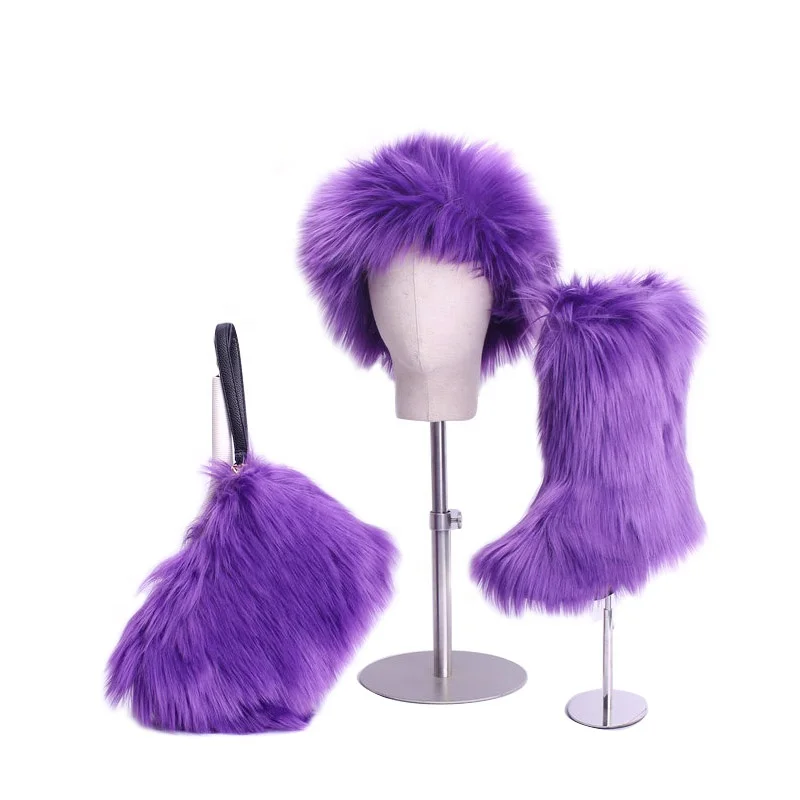 
Fur boot sets rubber knee high boots sexy furry boots purse headband for women 
