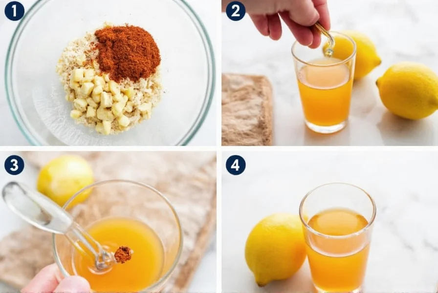 Step-by-step preparation of cayenne pepper lemon shot showing ingredients being measured and mixed in a glass