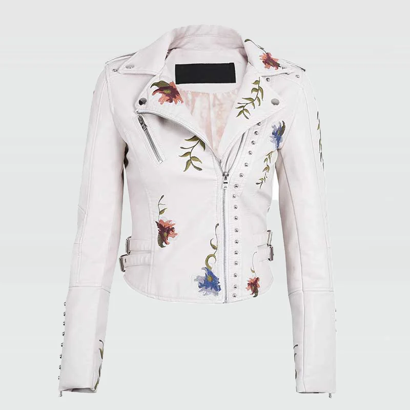 

JANVENY Top Sell Women Retro Floral Print Embroidery Faux Soft Leather Turndown Collar Rivet Zipper Biker Punk Jacket