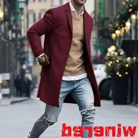New fashion men autumn winter turn-down collar solid color simple plus size casual coat medium length woolen overcoat_voghion.com